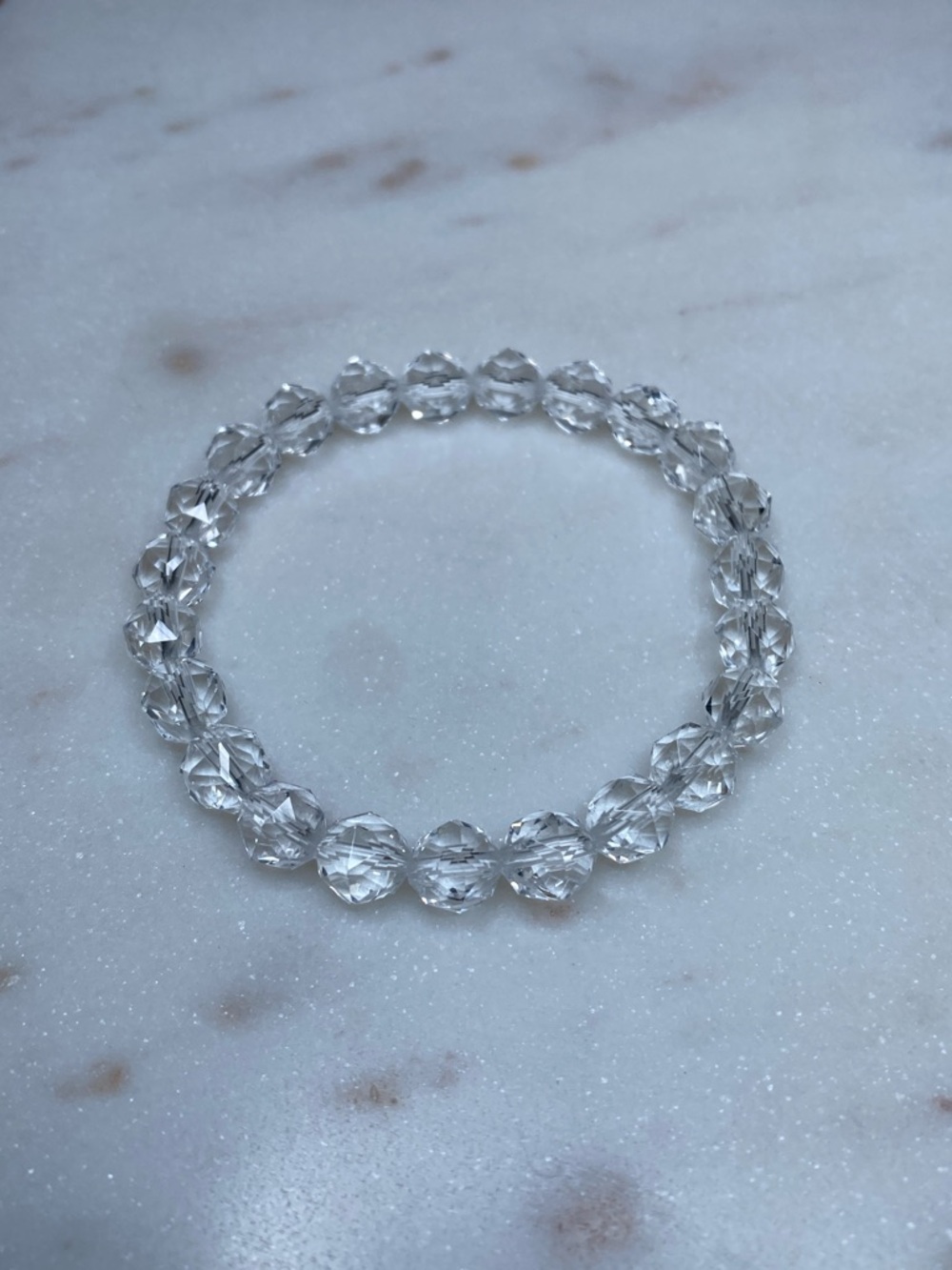 Faceted Clear Quartz Bracelet • High-Clarity Prismatic Crystal Ball Stretch - Picture 3 of 7